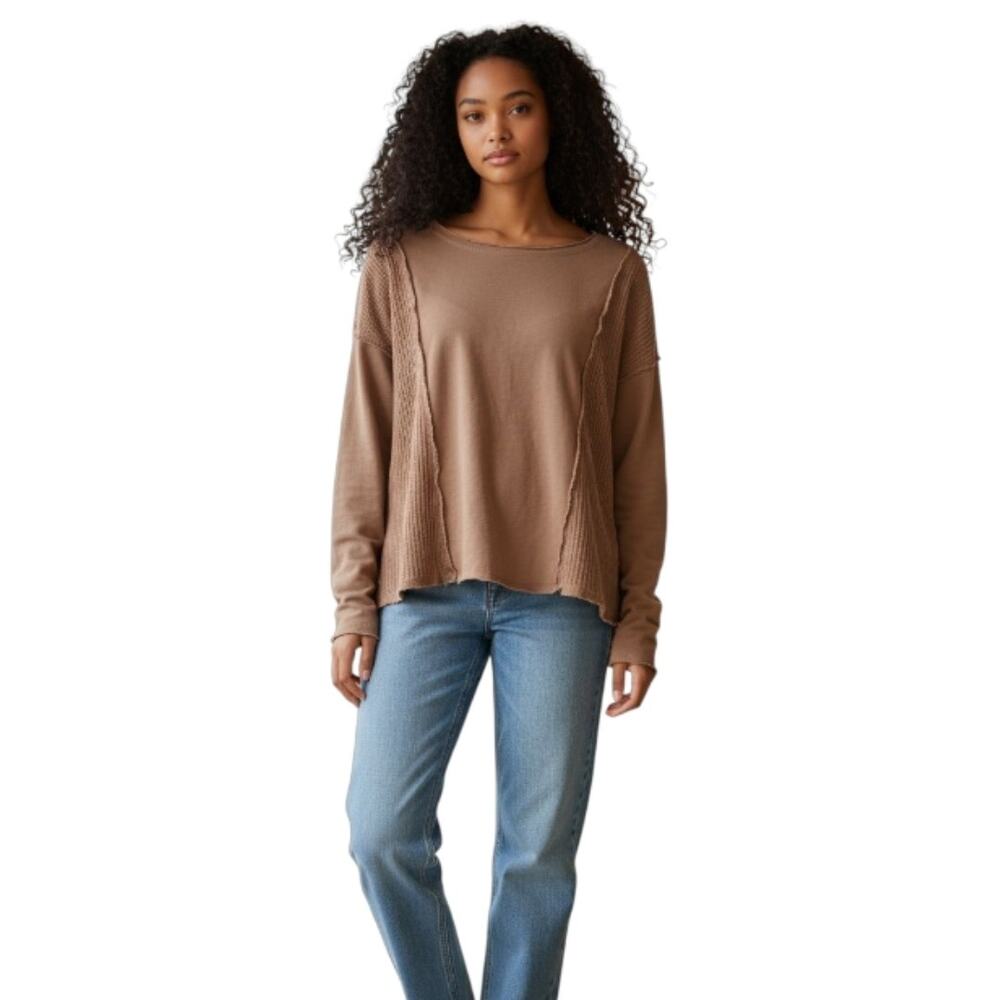 White Crow Womens Medium Brown Thermal Long Sleeve Top Boho Oversized Lagenlook